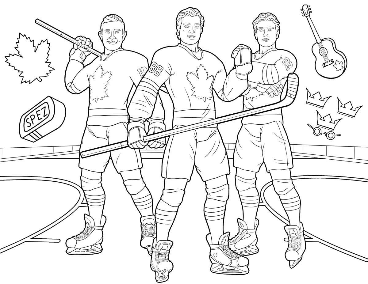 На раскраске изображено: Хоккеист, Тренер, Хоккей, Лед, Клюшка, Экипировка, Гитара, Очки