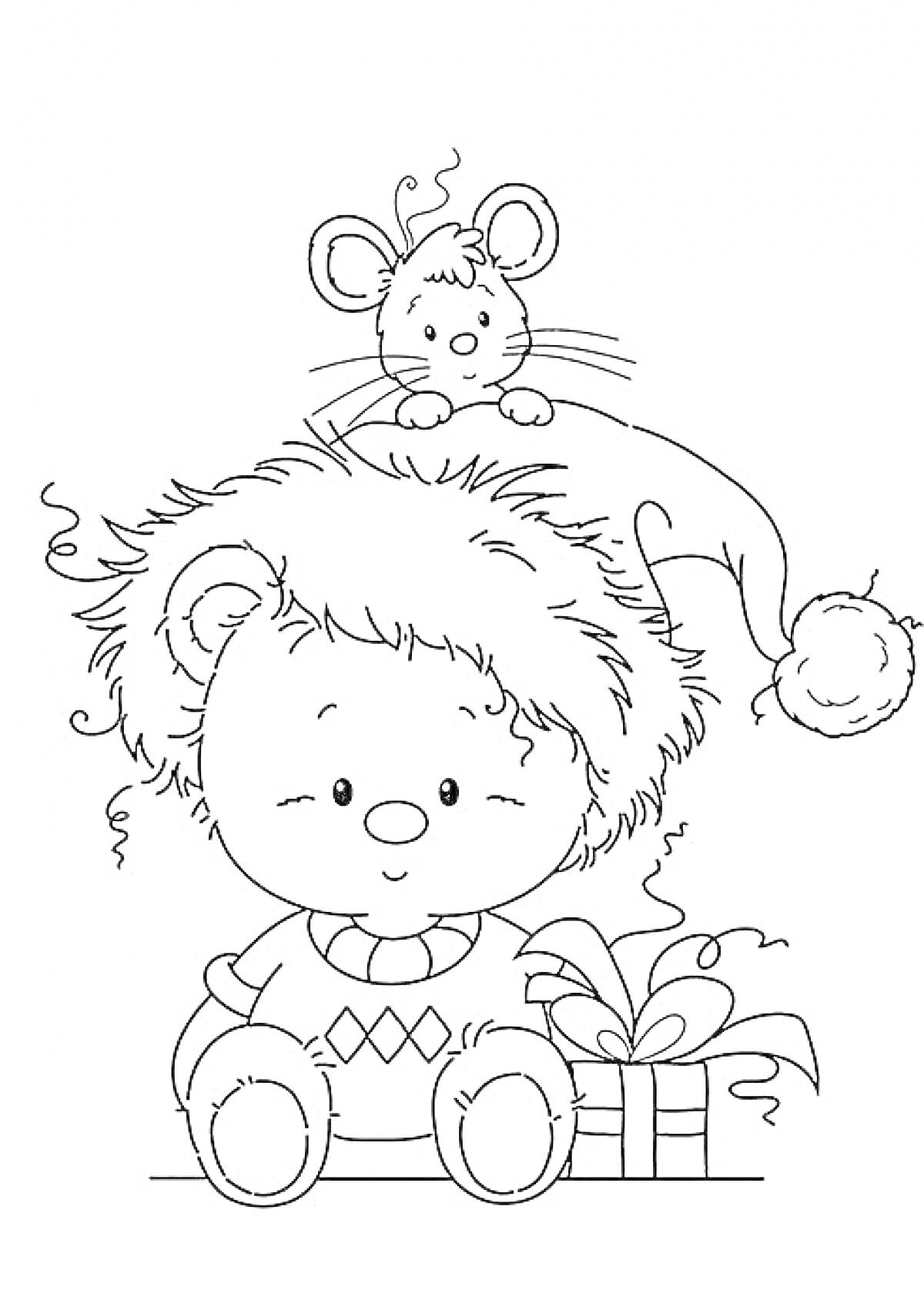На раскраске изображено: Медведь, Новогодняя шапка, Мышь