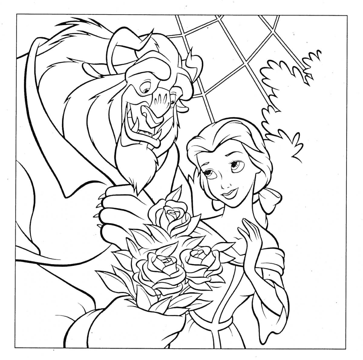 Раскраска Принцесса Бель и Чудовище с букетом роз