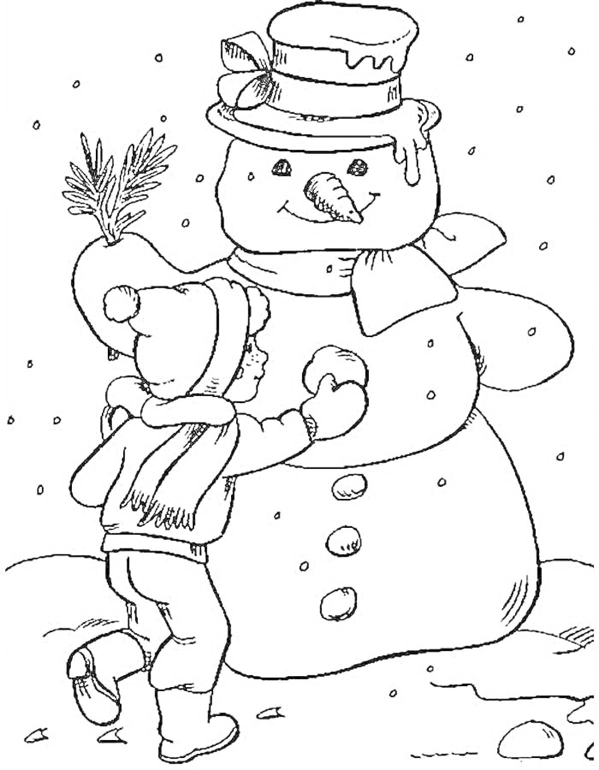 Раскраска Ребёнок с снежком и снеговик в шапке и шарфе с веткой, снег падает