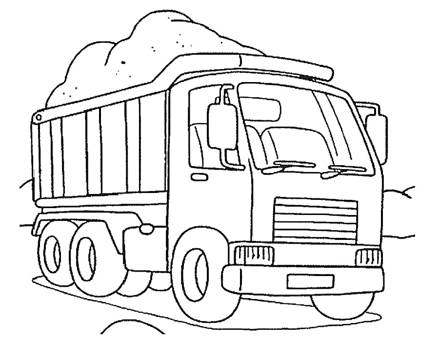 Раскраска Грузовик с прицепом, перевозящий сыпучий груз по неровной местности
