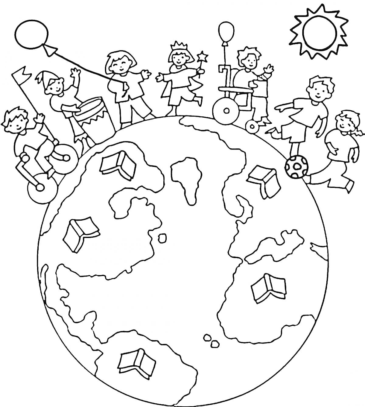РаскраскаДети, играющие вокруг Земли с книгами и надувным шаром, в окружении солнца