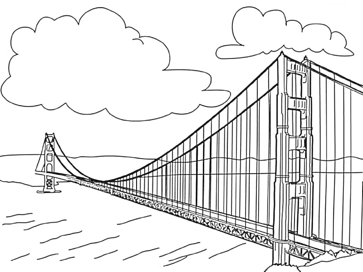 Раскраска Длинный подвесной мост через реку с облаками на заднем плане