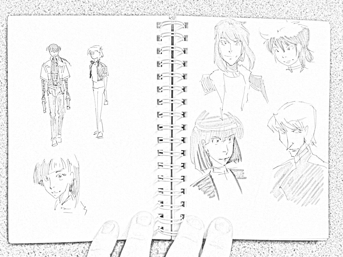 Раскраска Раскраска - Персонажи из аниме, мужские и женские портреты в блокноте, спиральная тетрадь на сером фоне