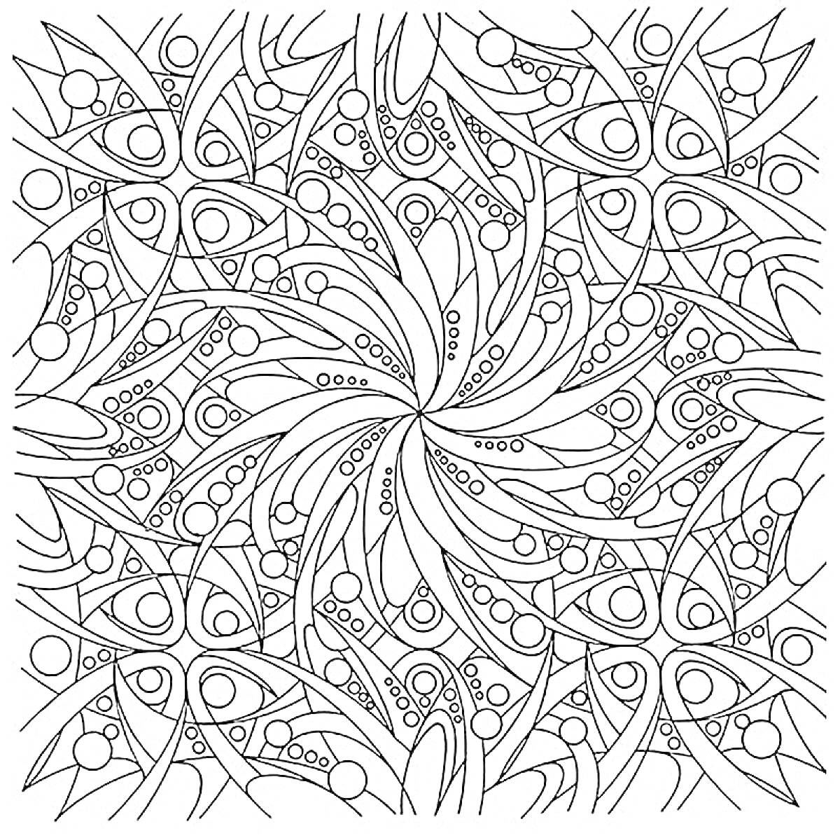 Раскраска Абстрактный цветочный узор с завитками и кругами