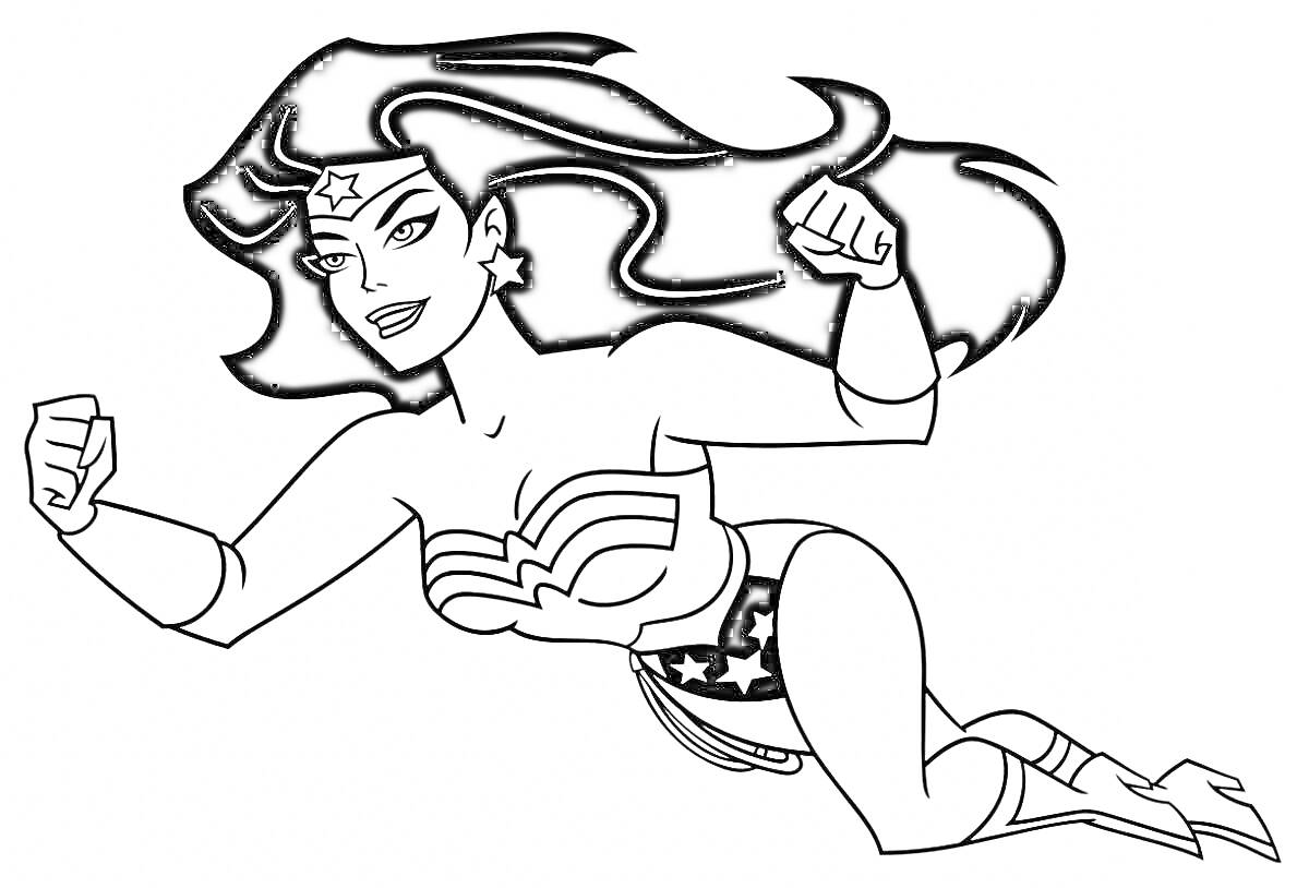 На раскраске изображено: Полет, Кулаки, Длинные волосы, Чудо-женщина, Браслет, Комиксы, Супергерои