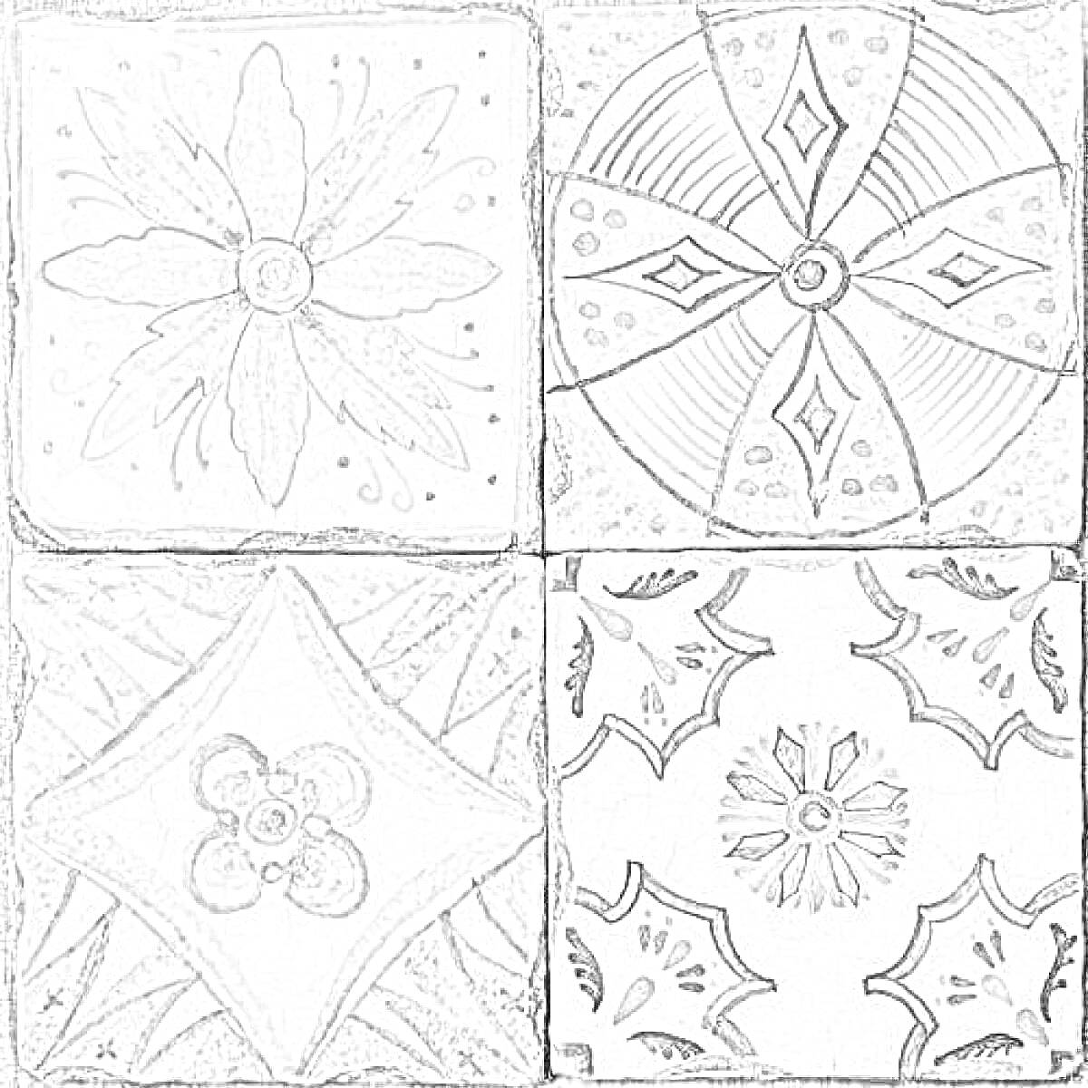 Керамическая плитка с рисунком цветка, геометрическим узором, симметричными фигурами и абстрактным мотивом