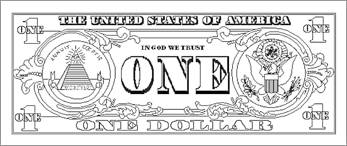 На раскраске изображено: Доллар, США, Один доллар, Пирамида, Деньги, Банкнота, Валюта