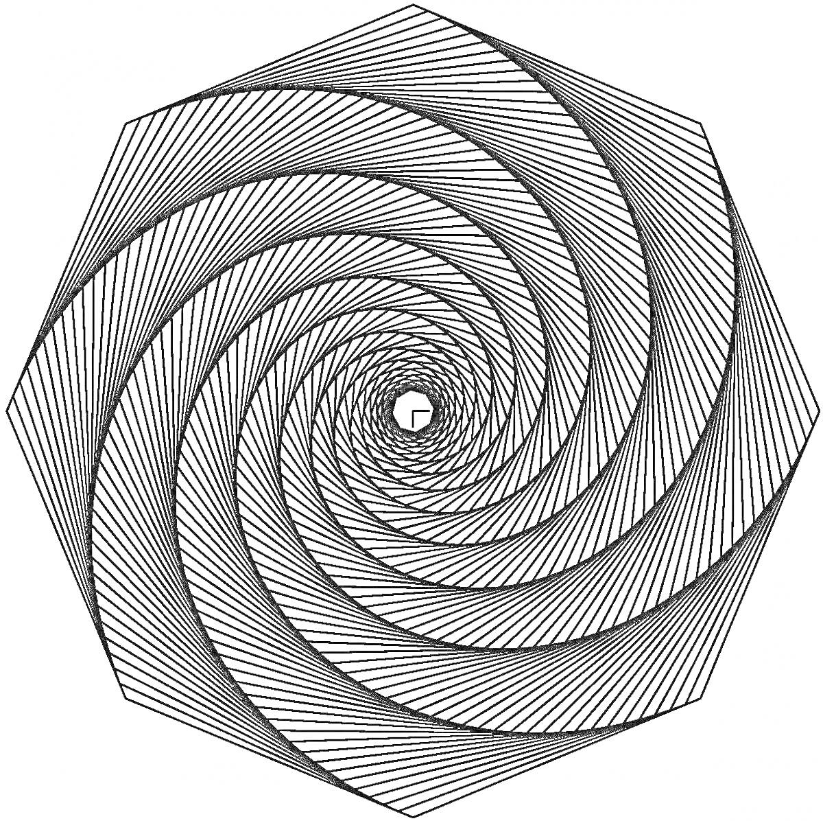 На раскраске изображено: Спираль, Геометрия, Многоугольник, Узоры, Линии