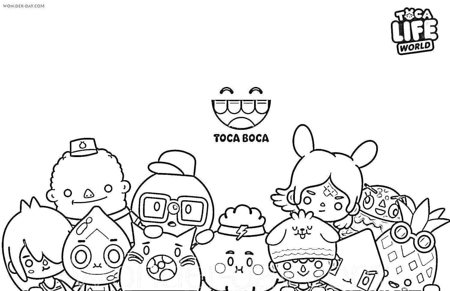 Раскраска Крампеты из Toca Boca, различные персонажи, надпись Toca Boca, логотип Toca Life World