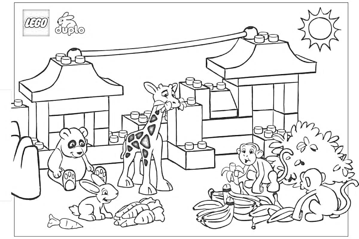 Раскраска Лего Дупло с животными на пикнике возле строения из блоков