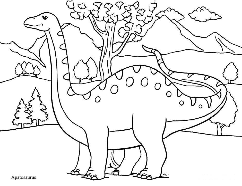 Раскраска Апатозавр и пейзаж с деревьями, горами и облаками