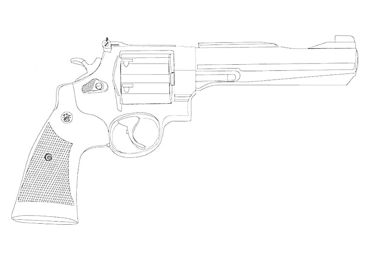 На раскраске изображено: Револьвер, Оружие, Барабан, Рукоятка