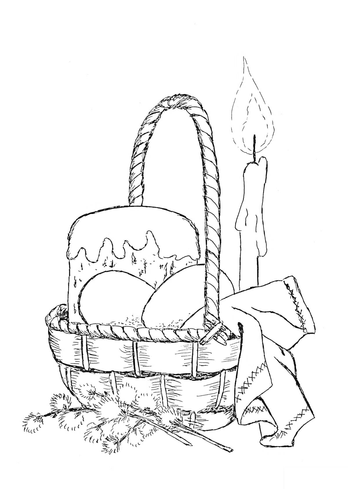 Пасхальная корзина с куличом, яйцами и свечой
