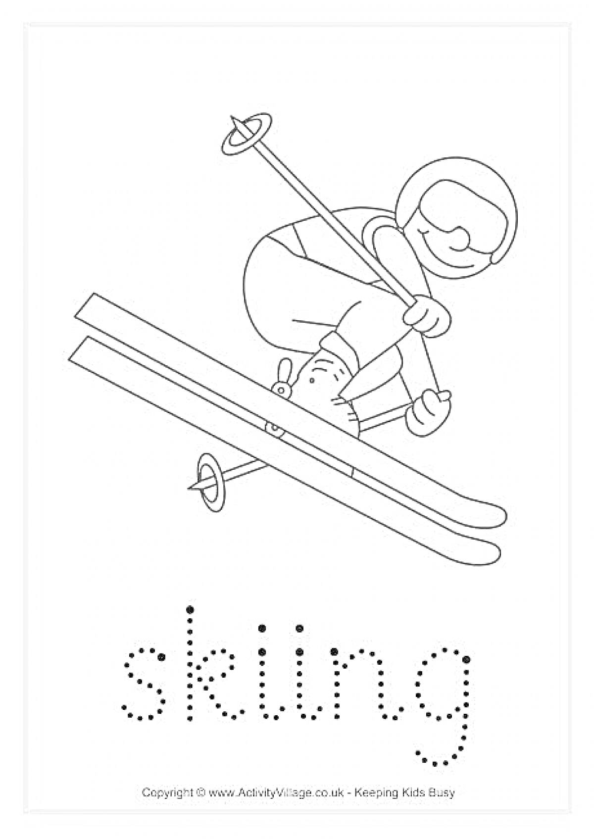 На раскраске изображено: Окраска, Зимние виды спорта, Лыжи, Лыжный спорт, Ребенку, Очки, Лыжные палки