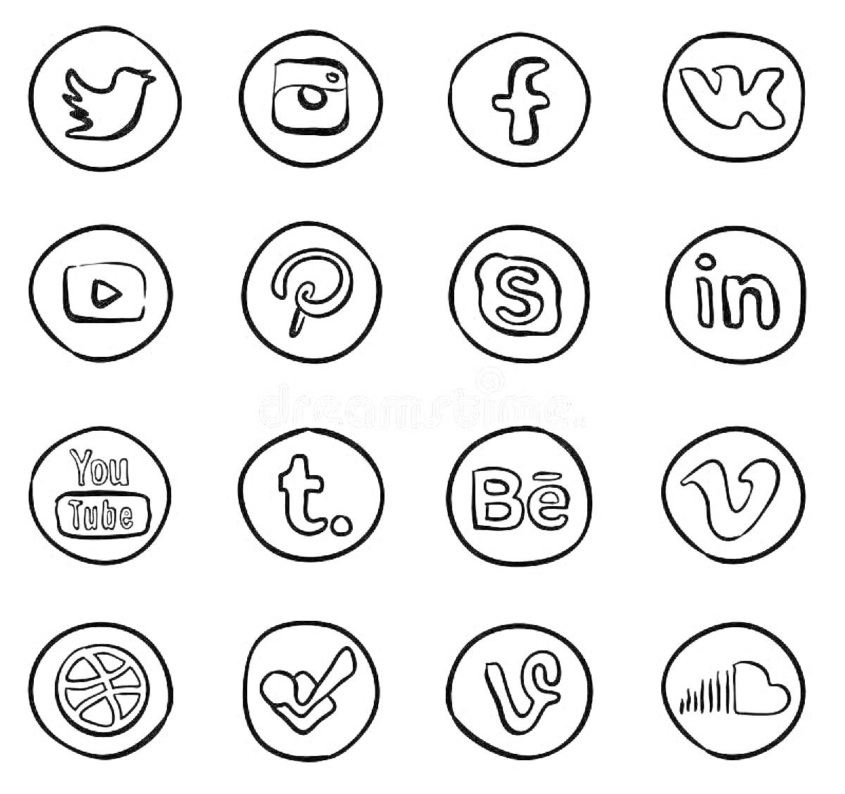 Раскраска Логотипы приложений: Twitter, Instagram, Facebook, VK, YouTube, Pinterest, Skype, LinkedIn, YouTube, Tumblr, Behance, Vimeo, Dribbble, Foursquare, Vine, SoundCloud