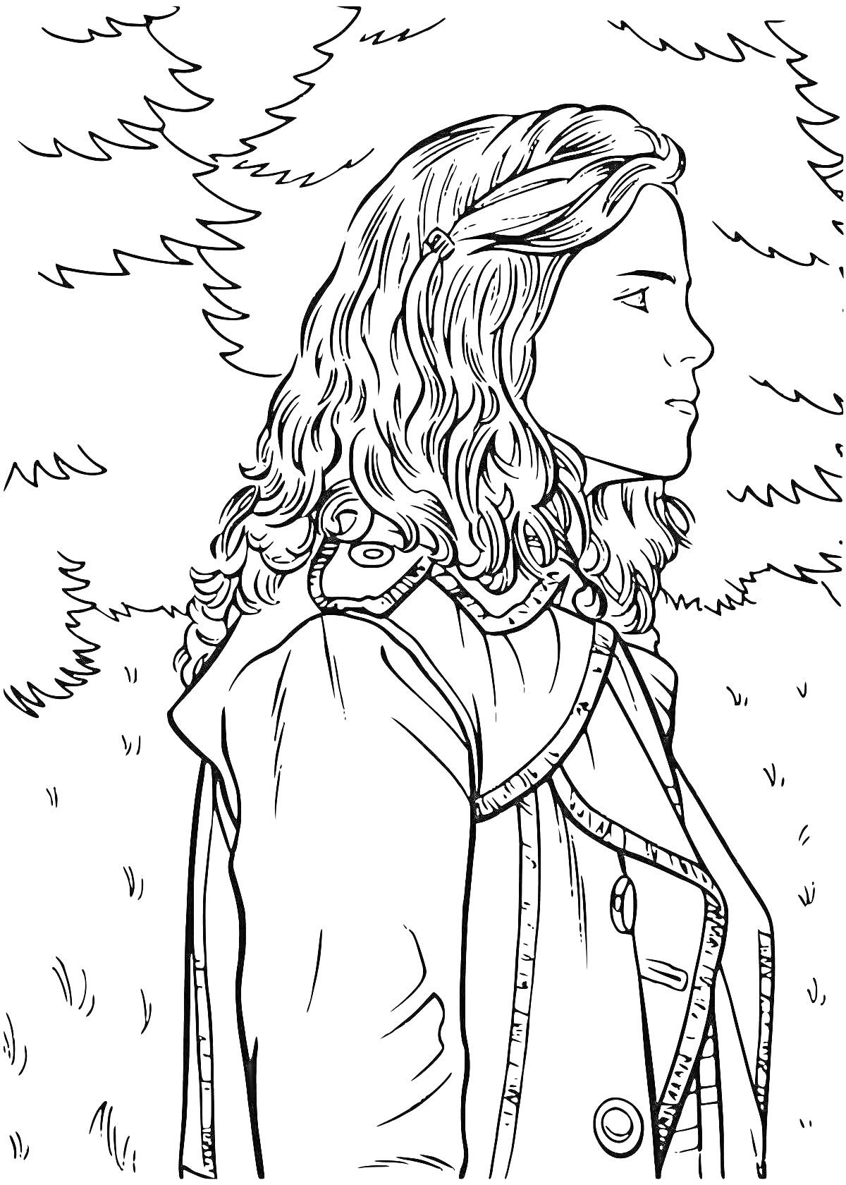 Раскраска Девушка в пальто на фоне деревьев из фильма 