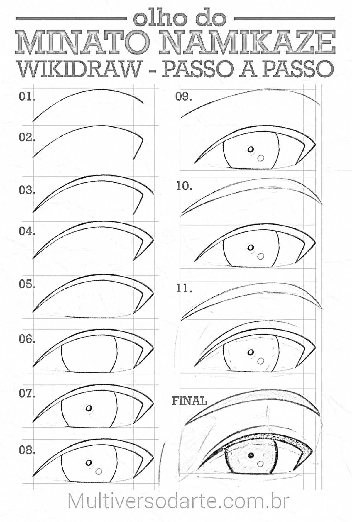 Раскраска Процесс рисования глаза Минато Намиказе — Шаг за шагом