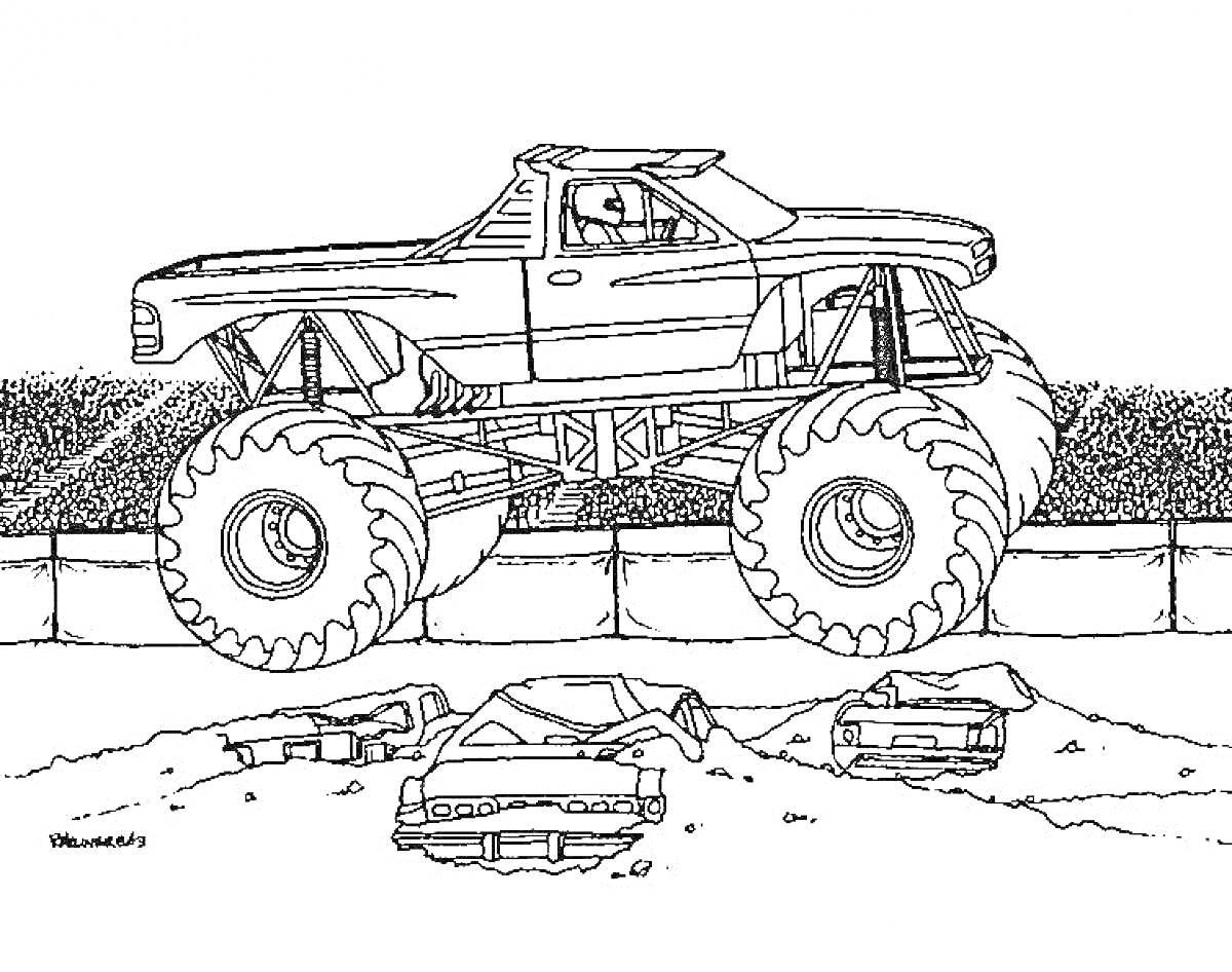 Раскраска Полицейский монстр трак на арене, давит легковые автомобили