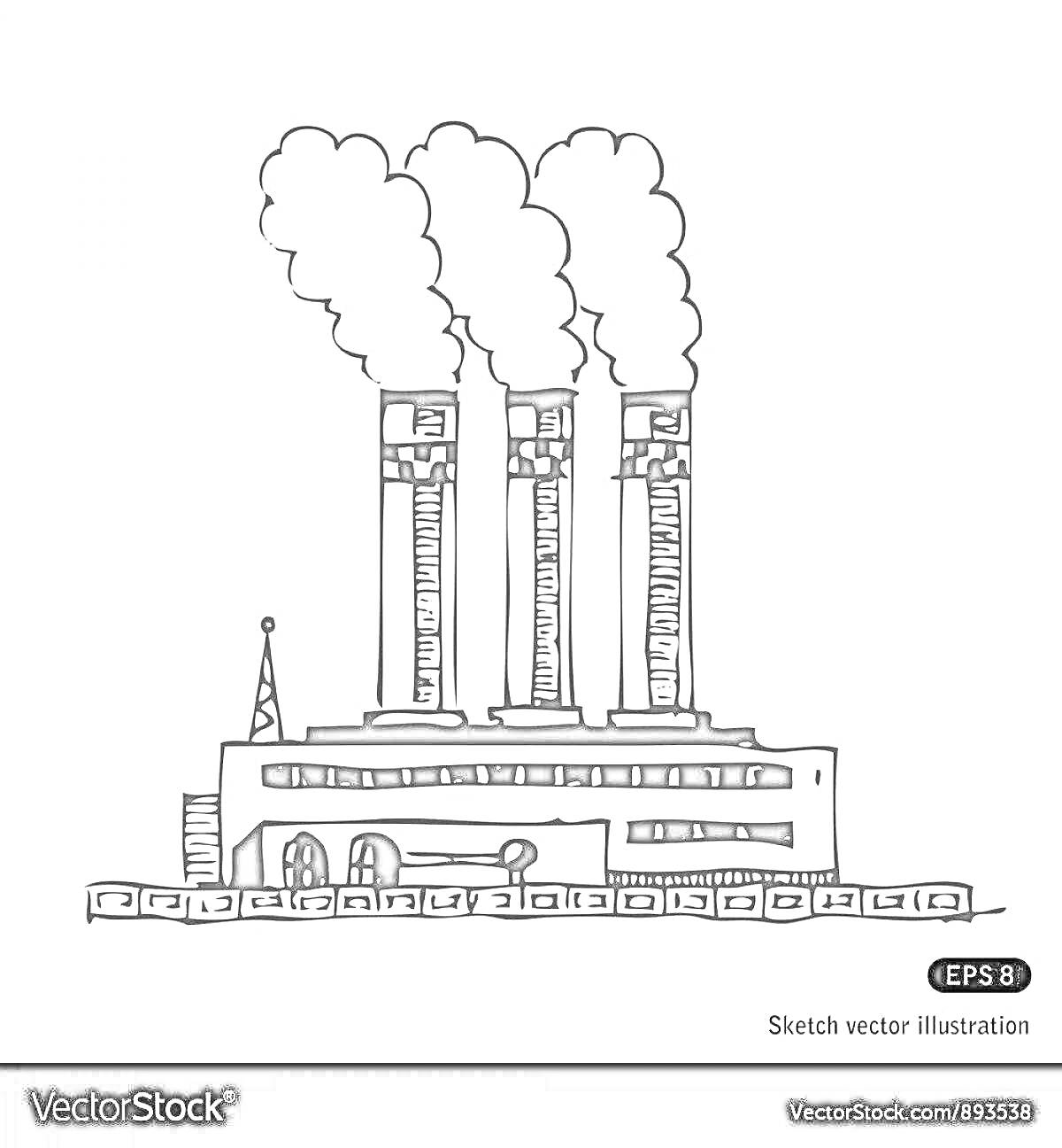Раскраска Завод с тремя трубами и дымом, маленькая антенна, окна, двери, основной корпус здания