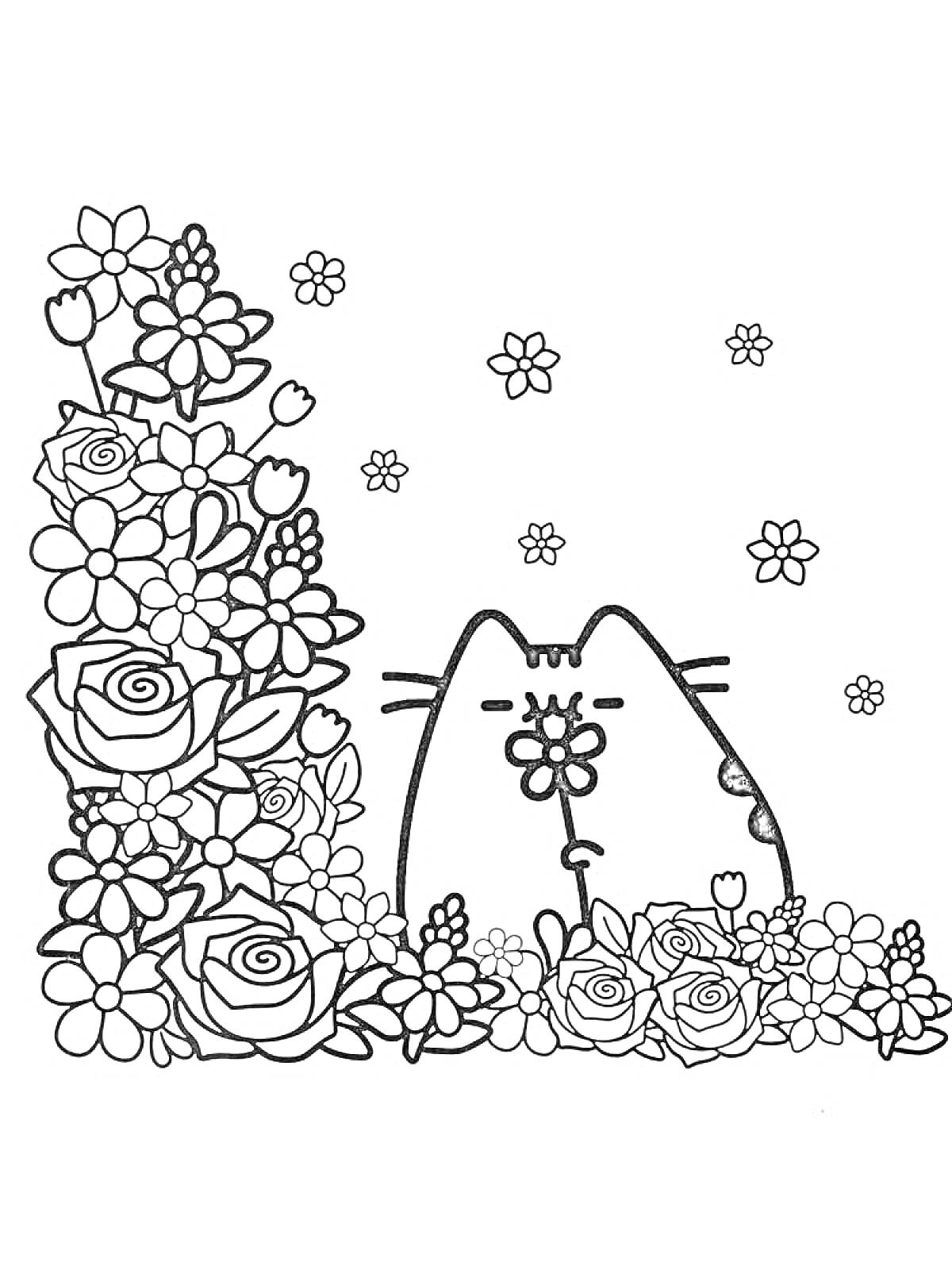 Раскраска Кот Пушин среди цветов и звезд