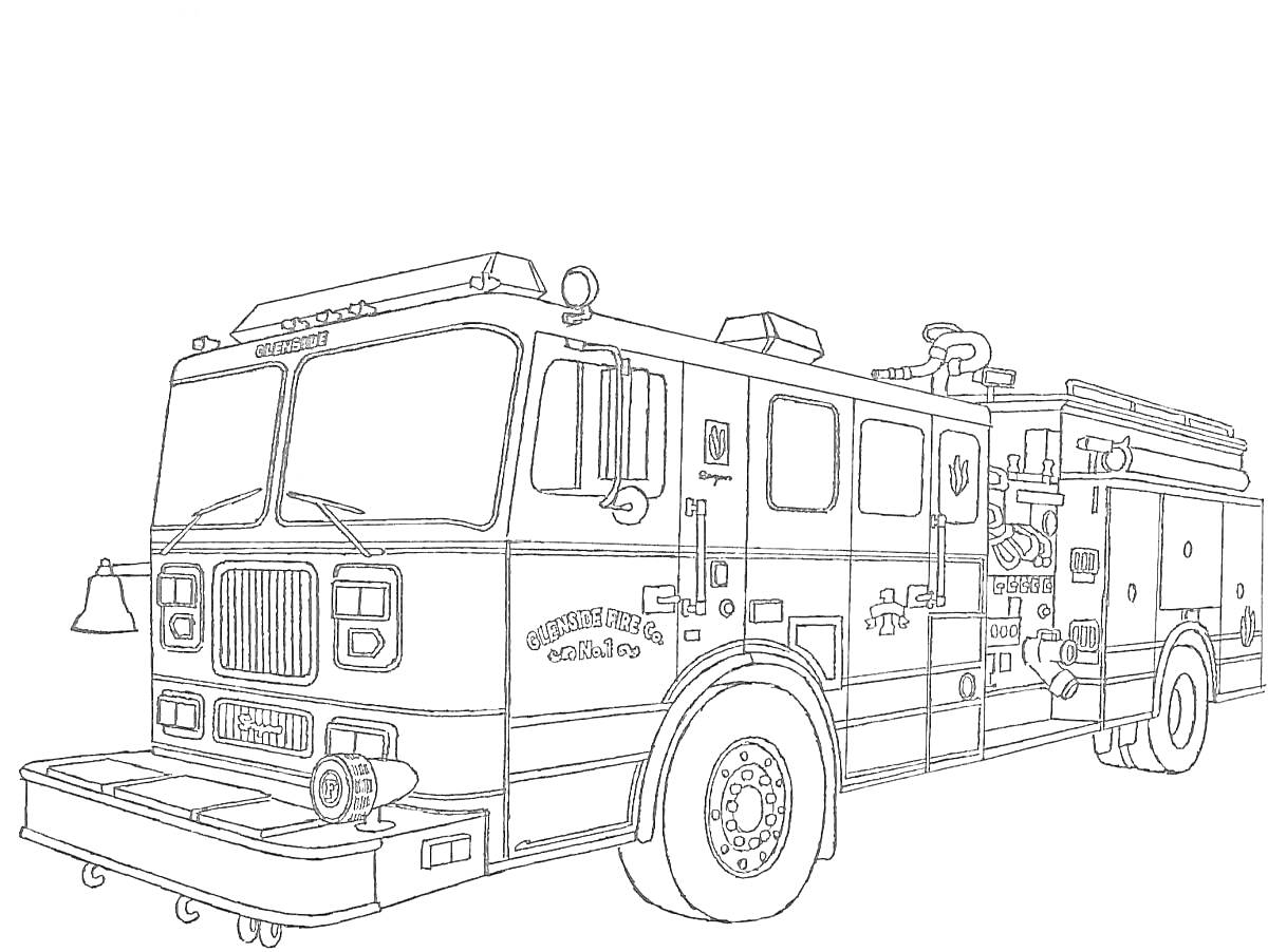 На раскраске изображено: Пожарная машина, 4-5 лет, Лестница, Сирена, Шланги, Оборудование, Транспорт, Пожарные, Безопасность