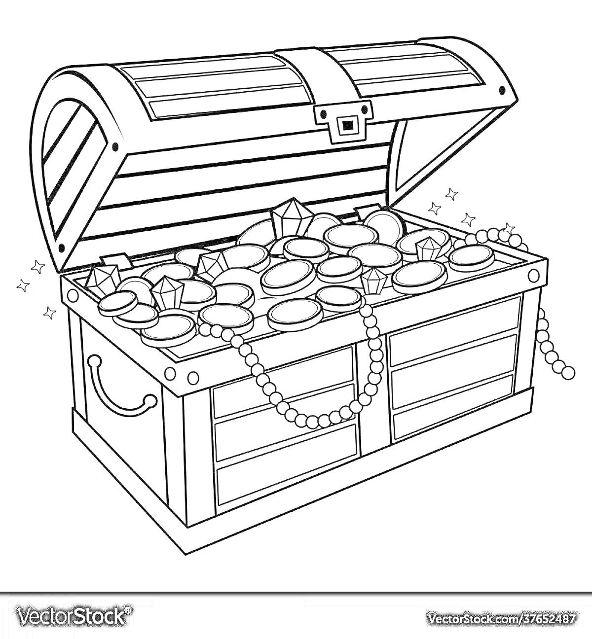 Раскраска Сундук с сокровищами, заполненный золотыми монетами, драгоценными камнями и жемчужными ожерельями
