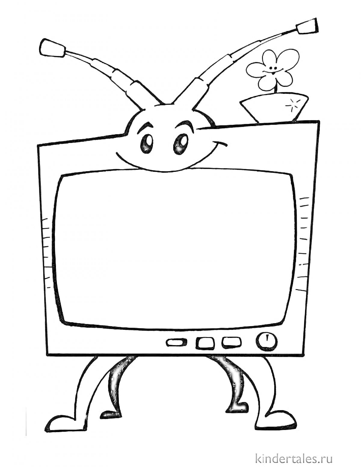 Раскраска Телевизор с антеннами, улыбающимся лицом и цветком в вазе