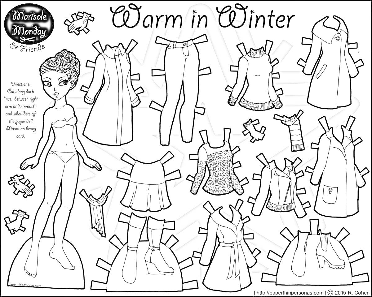 Раскраска Кукла с зимней одеждой для вырезания: платье, пальто, свитер, штаны, рабочий комбинезон, юбка, свитер с кофтой, обувь, шапка, шарф