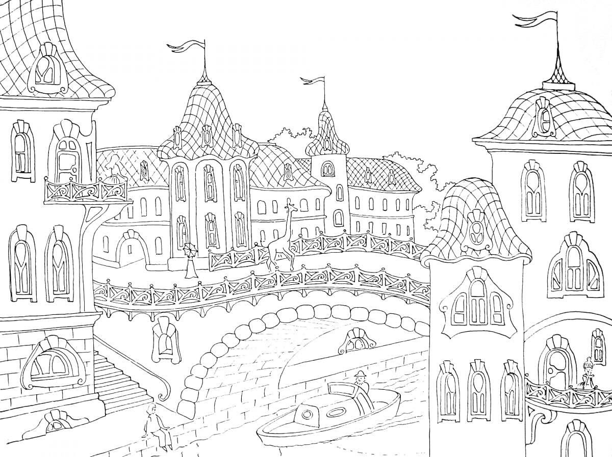 На раскраске изображено: Мост, Лодка, Здания, Башни, Окна, Река, Архитектура, Флаг, Крыша