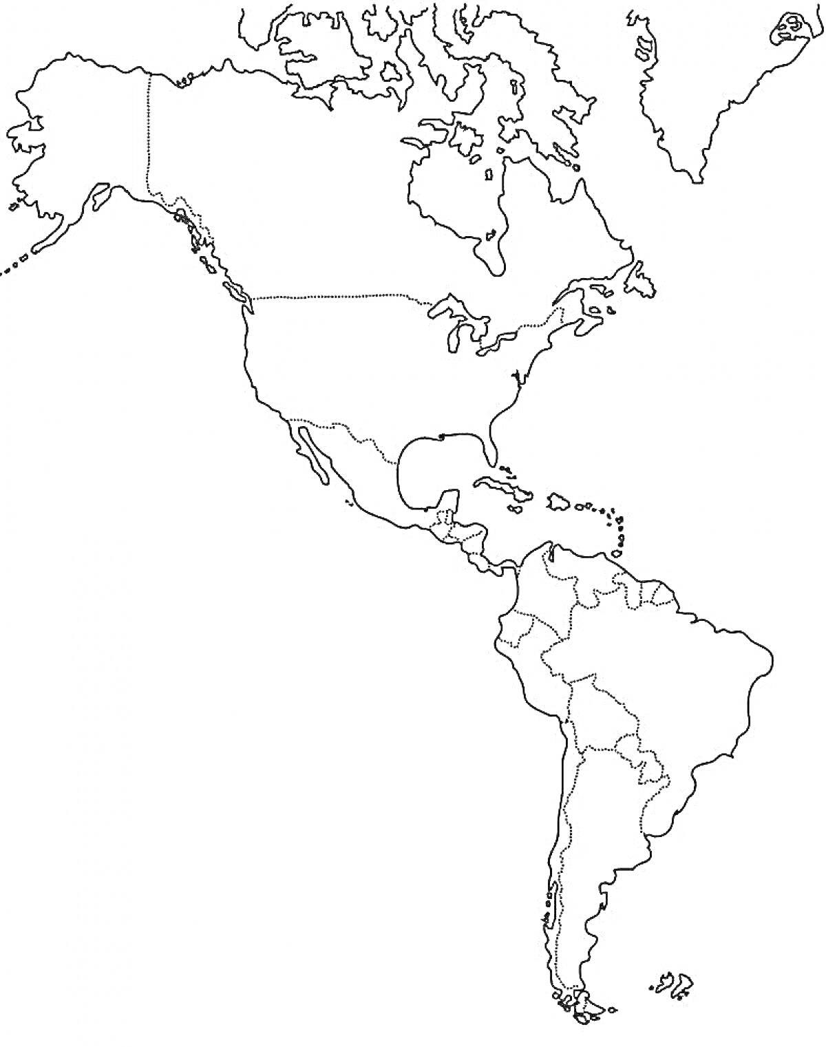 На раскраске изображено: Контурная карта, Южная Америка, Северная Америка, География, Границы стран, Карта мира
