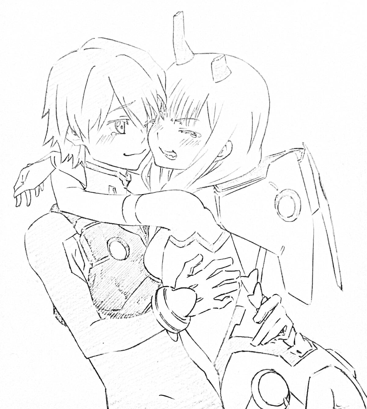 Раскраска Объятия двух персонажей в кибернетических костюмах