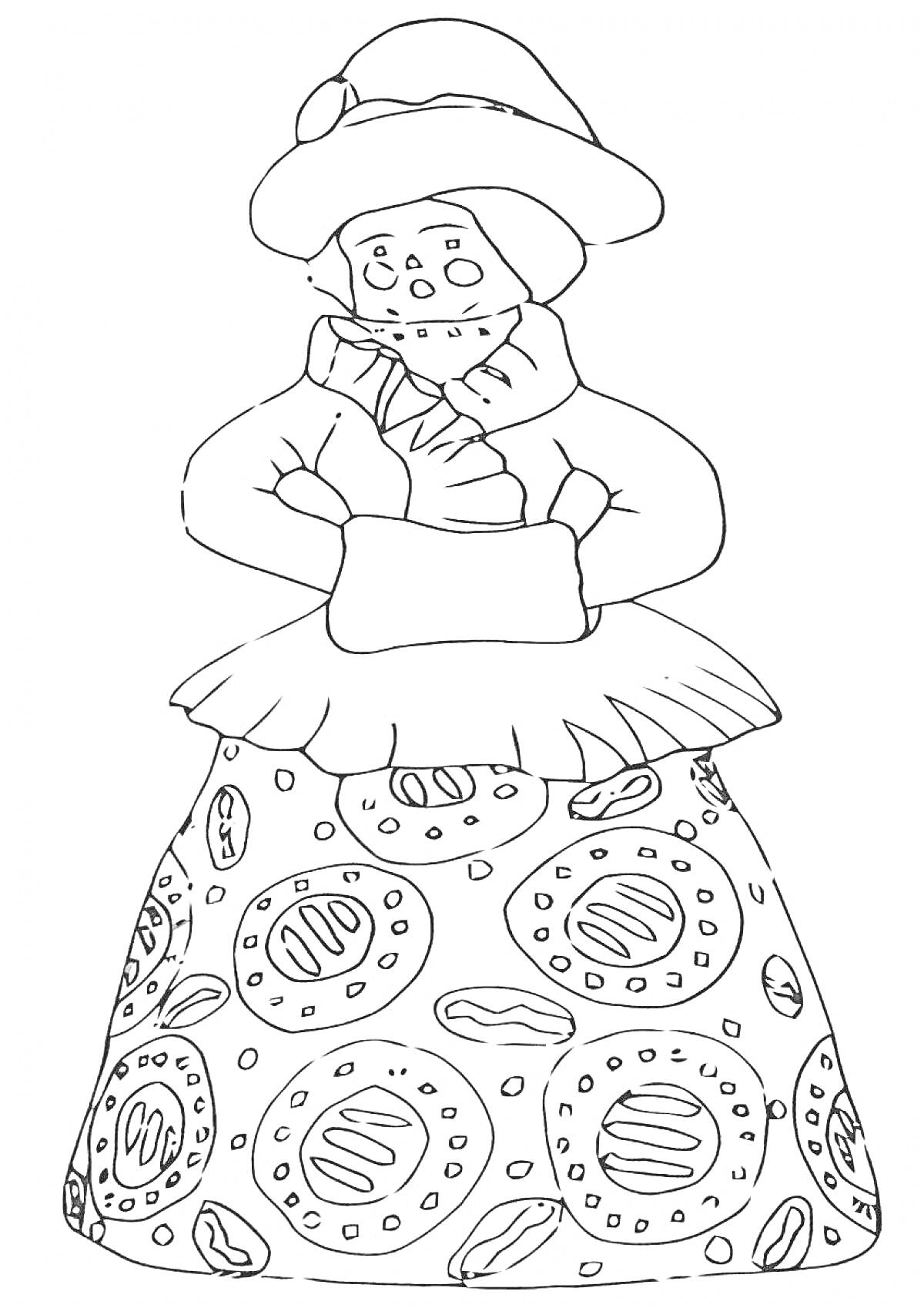 Раскраска Дымковская барышня в шляпе и пышной юбке с узорами