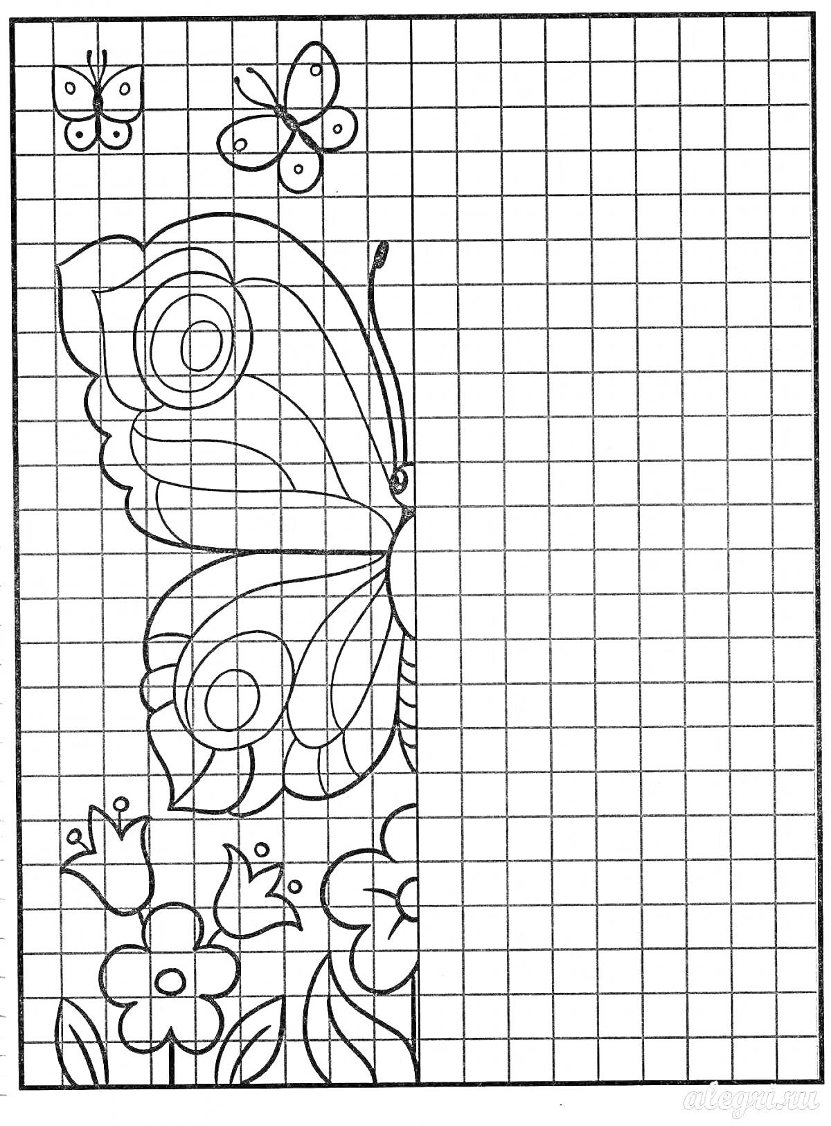 Раскраска бабочка и цветы по клеточкам