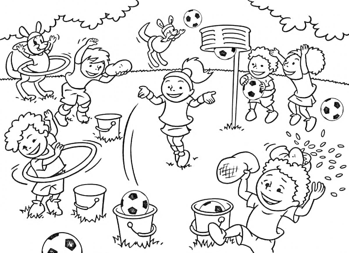 На раскраске изображено: Спорт, Мяч, Обруч, Мишень, Здоровый образ жизни, Площадка, Природа, Прыжки, Веселье, Для детей, Ведро