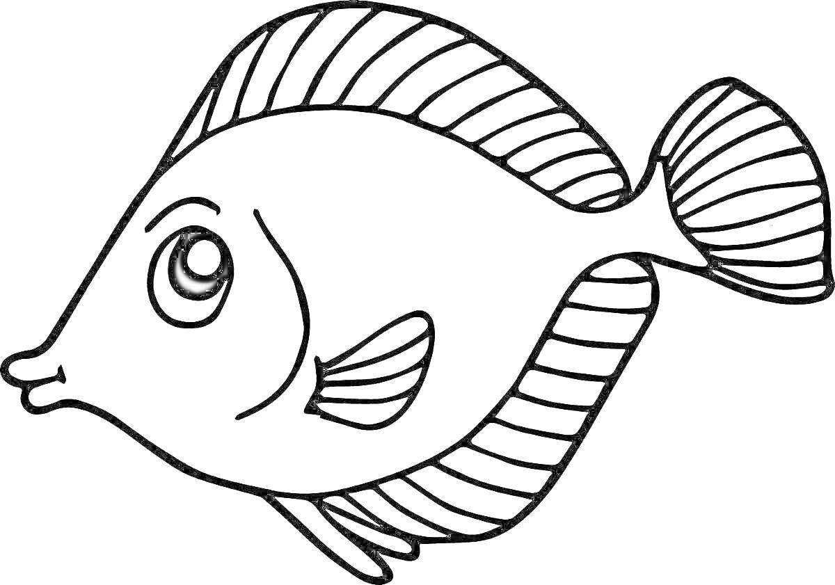 Раскраска Рыба с большими плавниками и полосками на спине и хвосте
