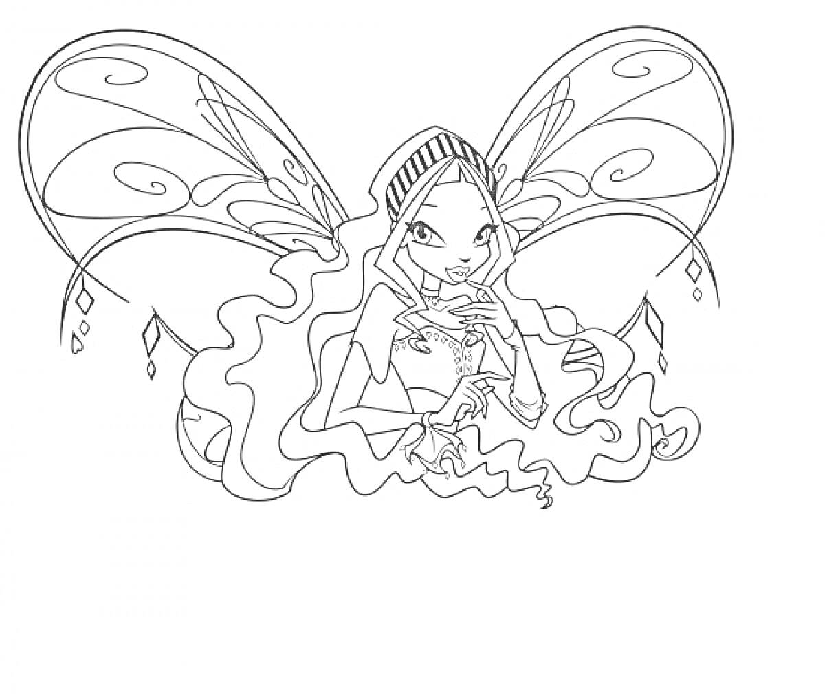 Раскраска Винкс Лейла с крыльями и длинными волнистыми волосами