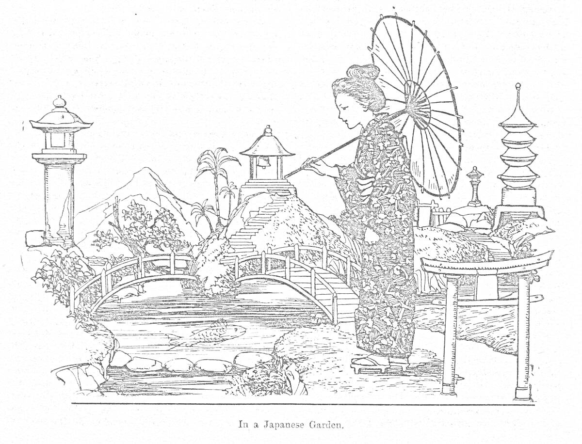 Японский сад с девушкой в кимоно, держащей зонт, каменным мостом, пагодами, растениями и прудом
