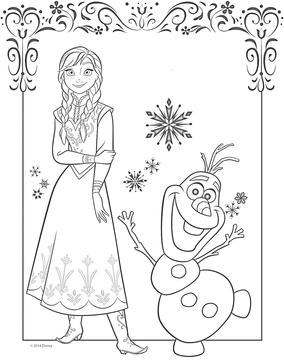 Раскраска Девушка с косами и снеговик на фоне снежинок и узоров в рамке