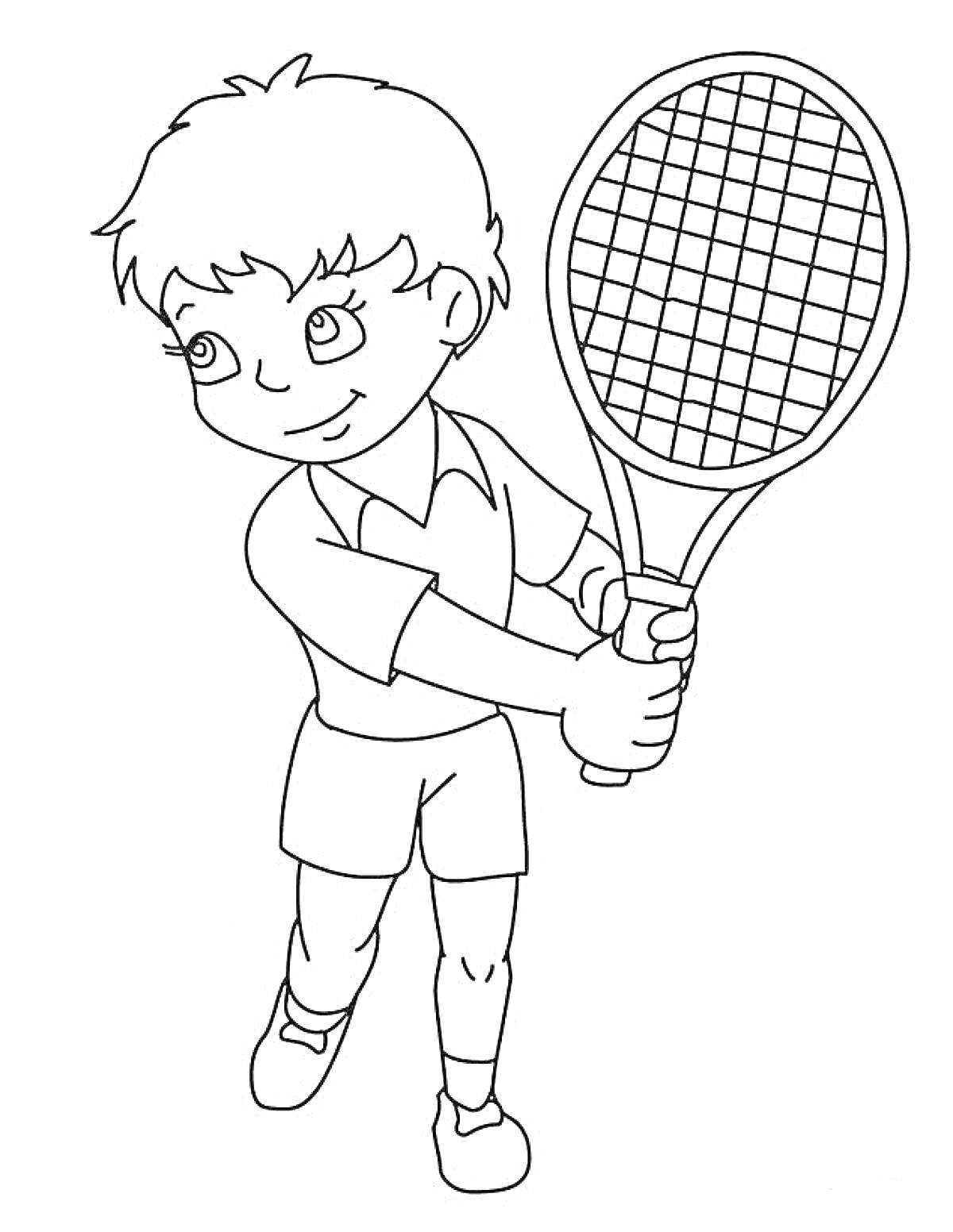 Раскраска мальчик с теннисной ракеткой в спортивной одежде и кроссовках