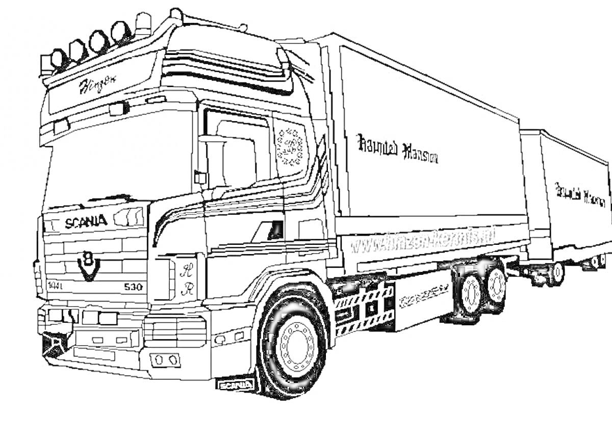 Раскраска Грузовик Scania с прицепом, фура с двумя трейлерами и надписями на кузове