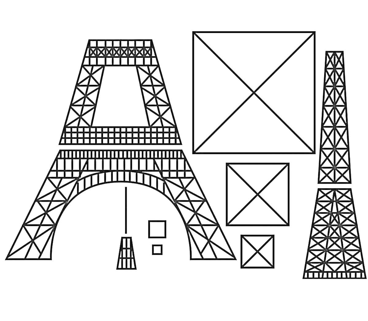 Раскраска 3D рисунок с элементами Эйфелевой башни и геометрическими фигурами (квадратами разного размера и прямоугольником).