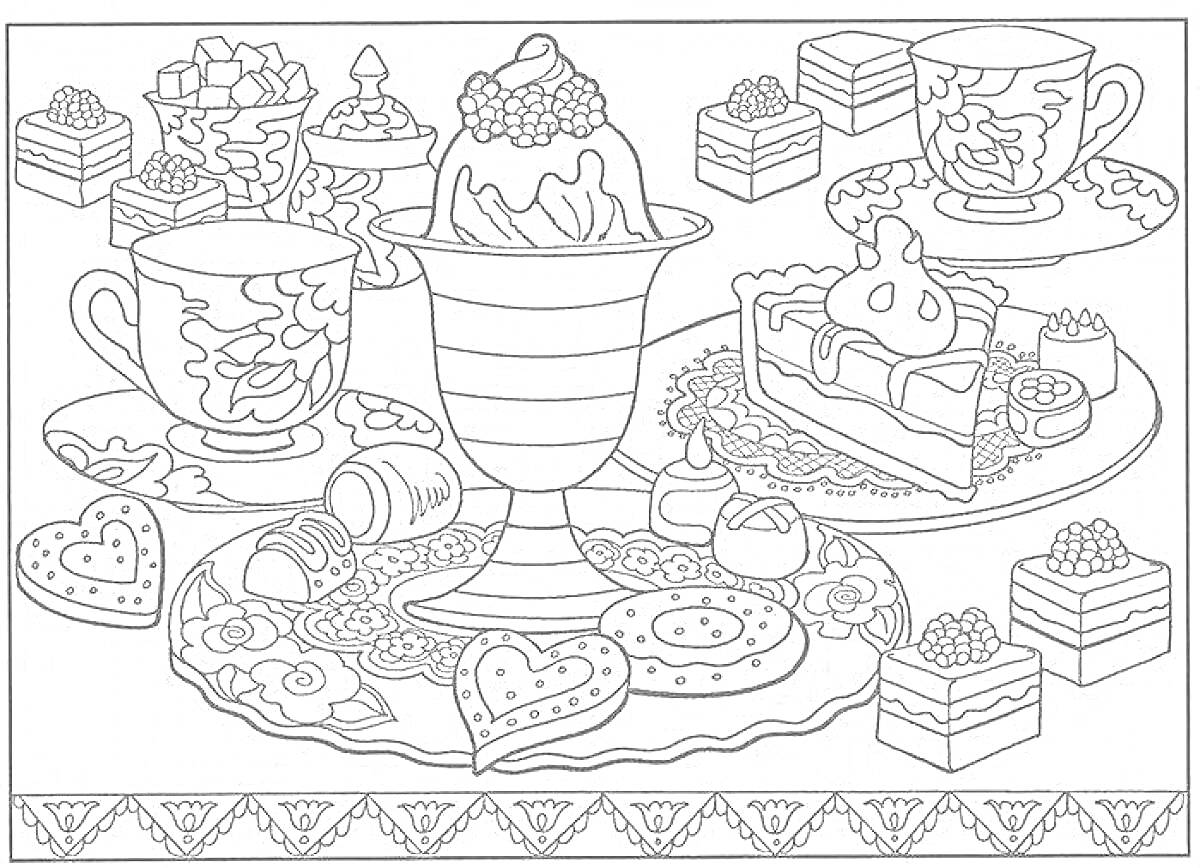 Раскраска Мерекелік дастархан: Балмұздақ десерті, кекс, кесе, торт, тоқаш, печенье, шәй шыны, сәндік тәрелке