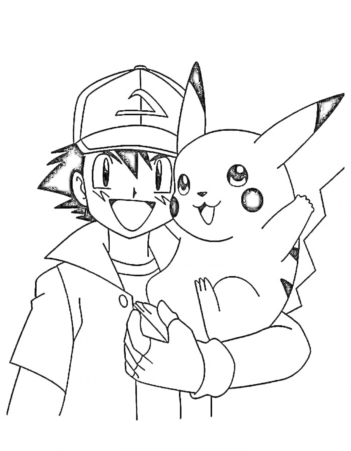 На раскраске изображено: Пикачу, Покемон, Человек, Аниме, Дружба, Улыбка
