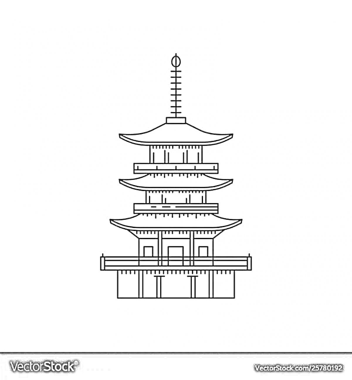Раскраска Пагода с пятью ярусами, три крыши, а также флагшток на верхушке