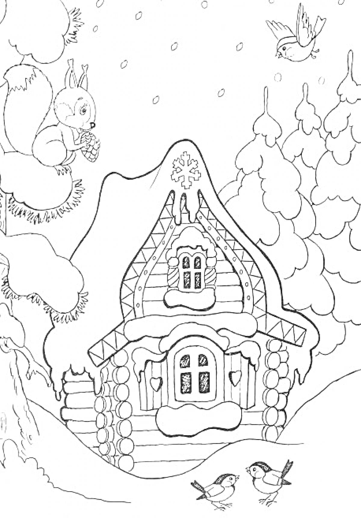 Раскраска Зимний лес с домом, белками и птицами