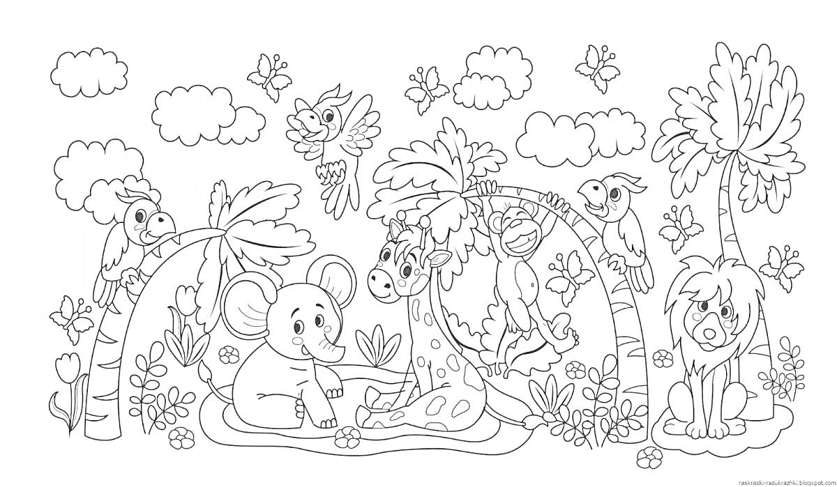 На раскраске изображено: Животные, Джунгли, Слон, Лев, Деревья, Цветы, Облака