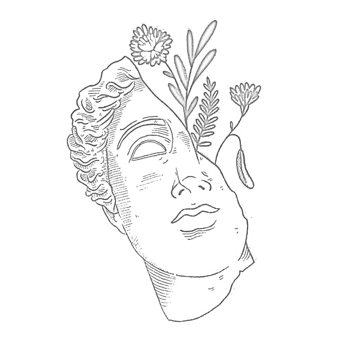 Раскраска Лицо статуи с цветами и ветками