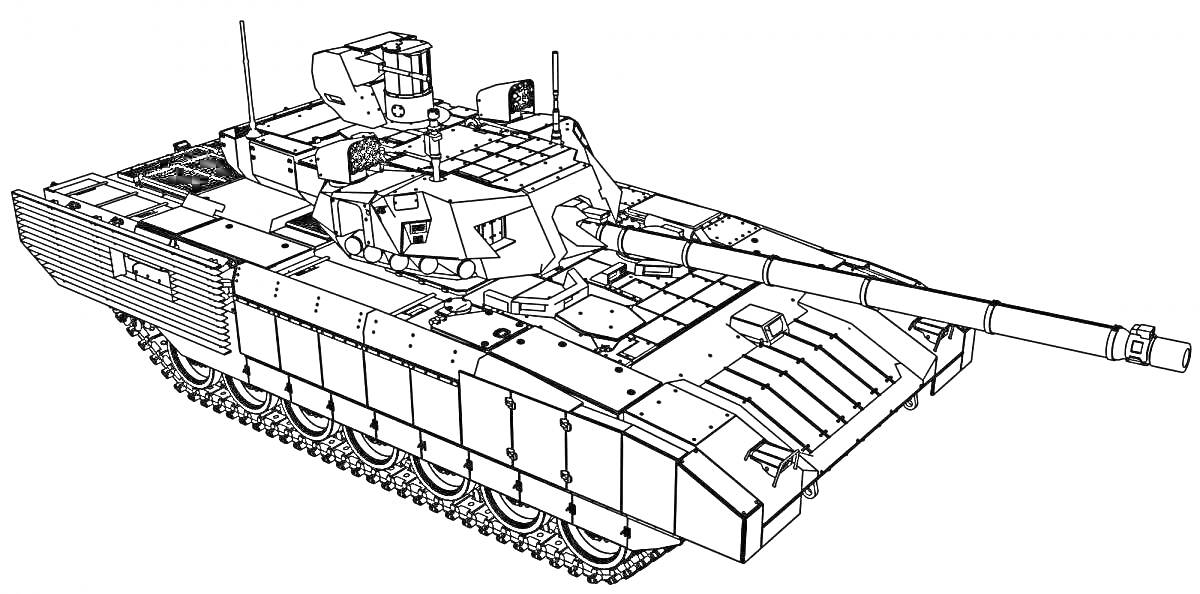 Раскраска Т-80 танк с пушкой и башней, вид с угла, снаряженный гусеницами и броней