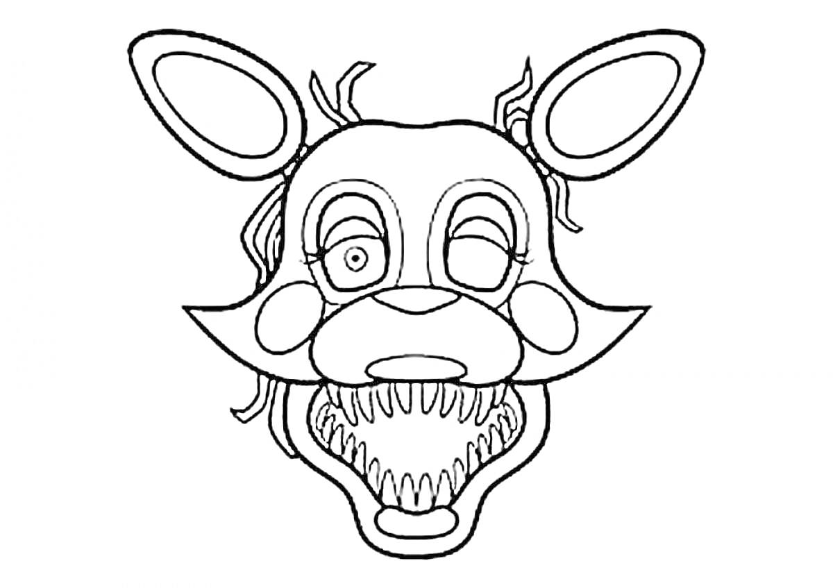 Раскраска Голова аниматроника с большими ушами, рваными глазами и оскаленными зубами